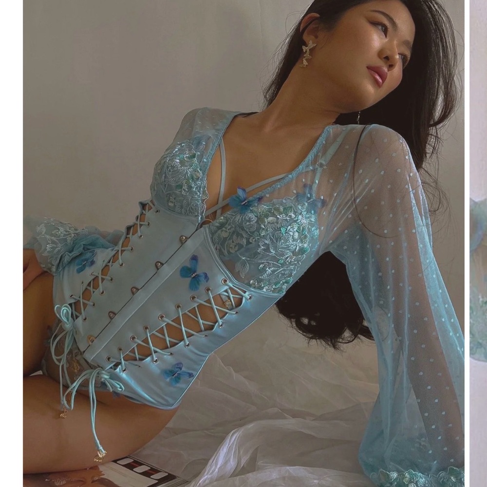 NWT Sheer Lace-Up Corset in Light Blue